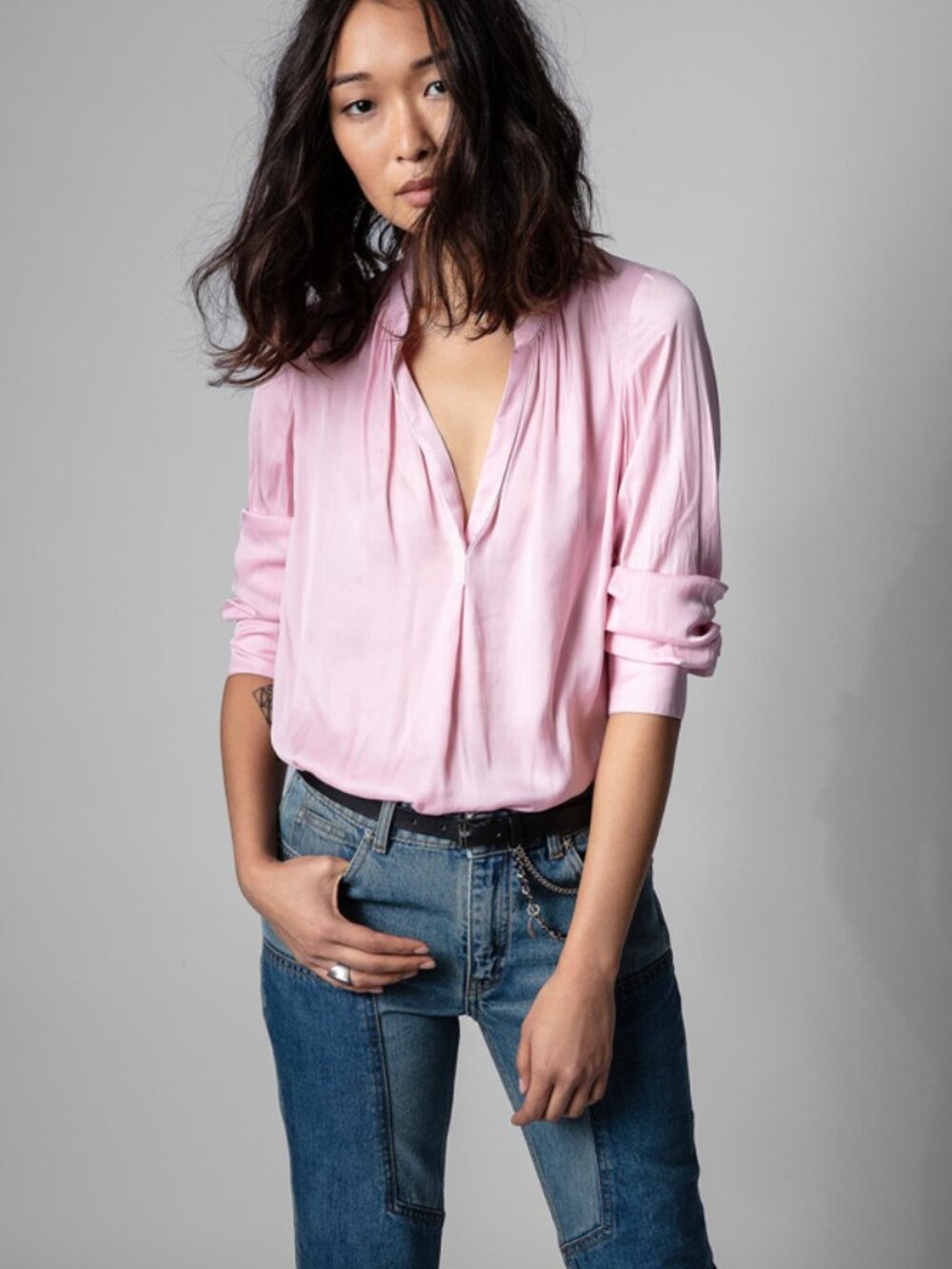 NWT Zadig & Voltaire TINK Light Pink Slit V-Neck Shirred Satin Tunic Blouse - Picture 4 of 7